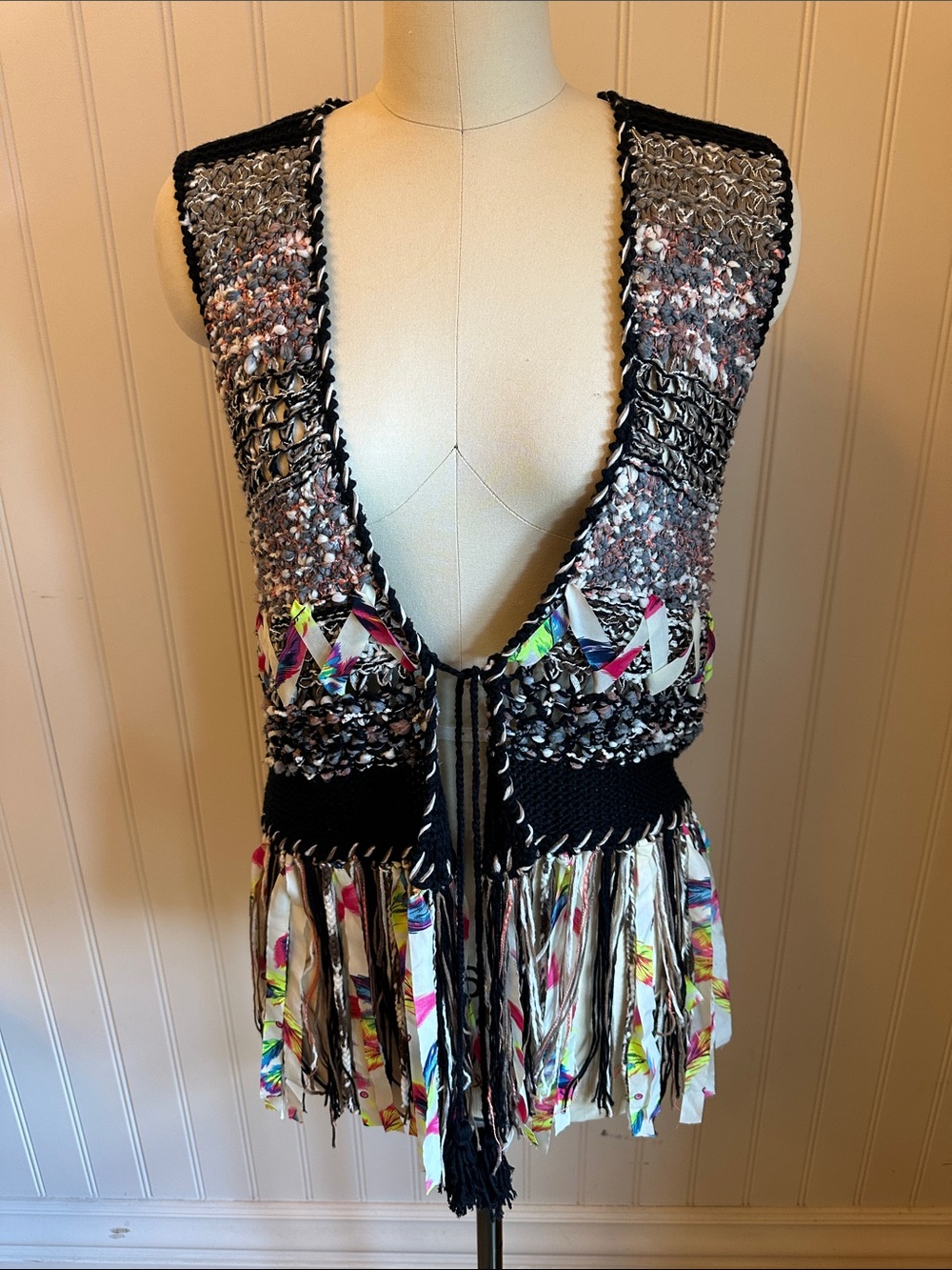Adore Black Multicolor Fringe Knit Vest